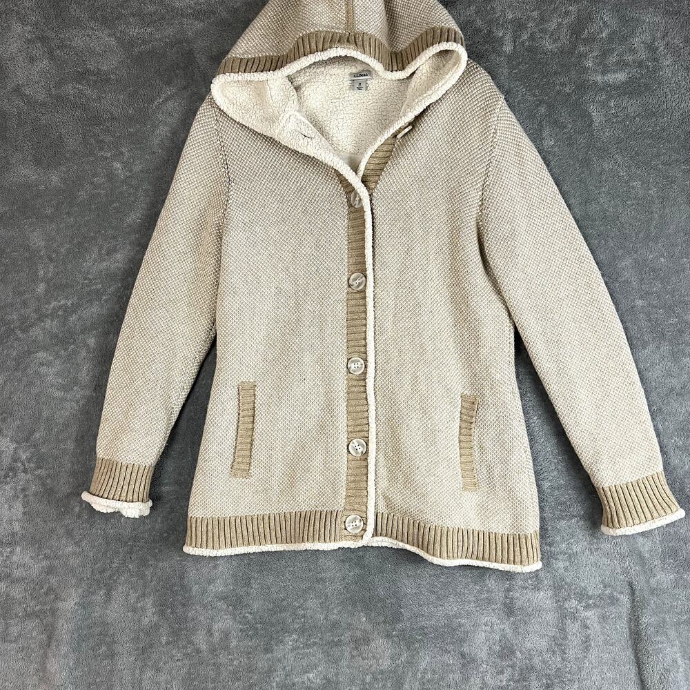 LL Bean Hooded Sweater Jacket Womens M Ivory Wool Blend Sherpa Lined Heavyweight